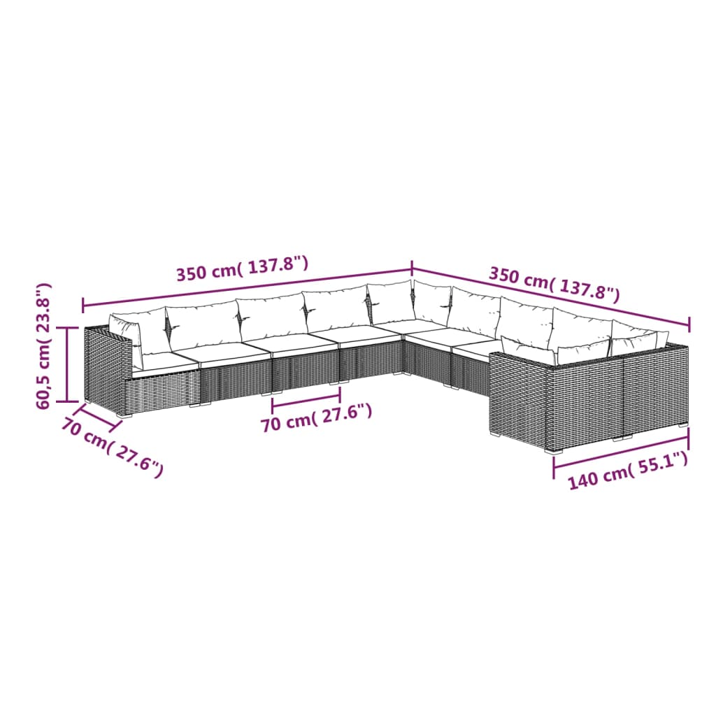 Set mobilier de grădină cu perne, 10 piese, negru, poliratan - Lando