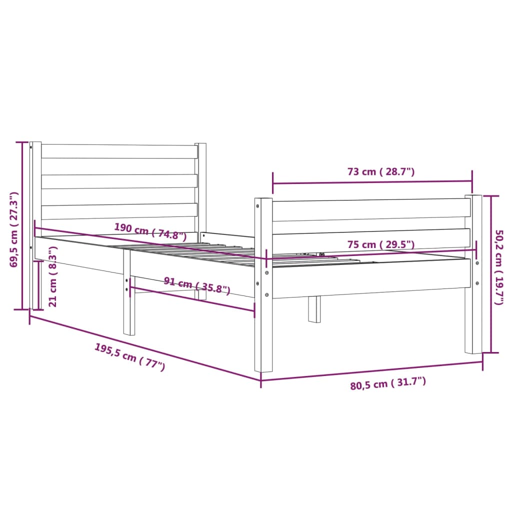 Cadru de pat mic single, 75x190 cm, lemn masiv - Lando