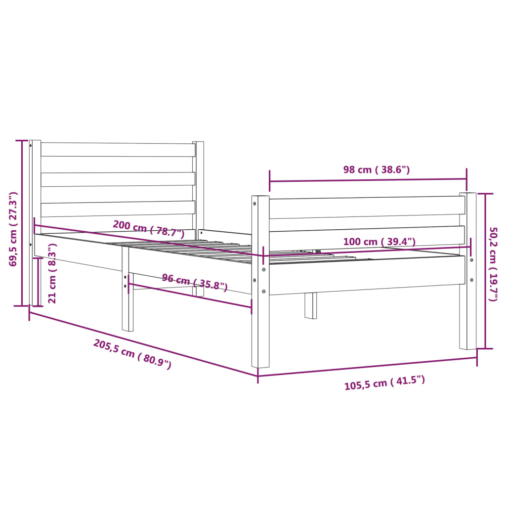 Cadru de pat, gri, 100x200 cm, lemn masiv de pin - Lando