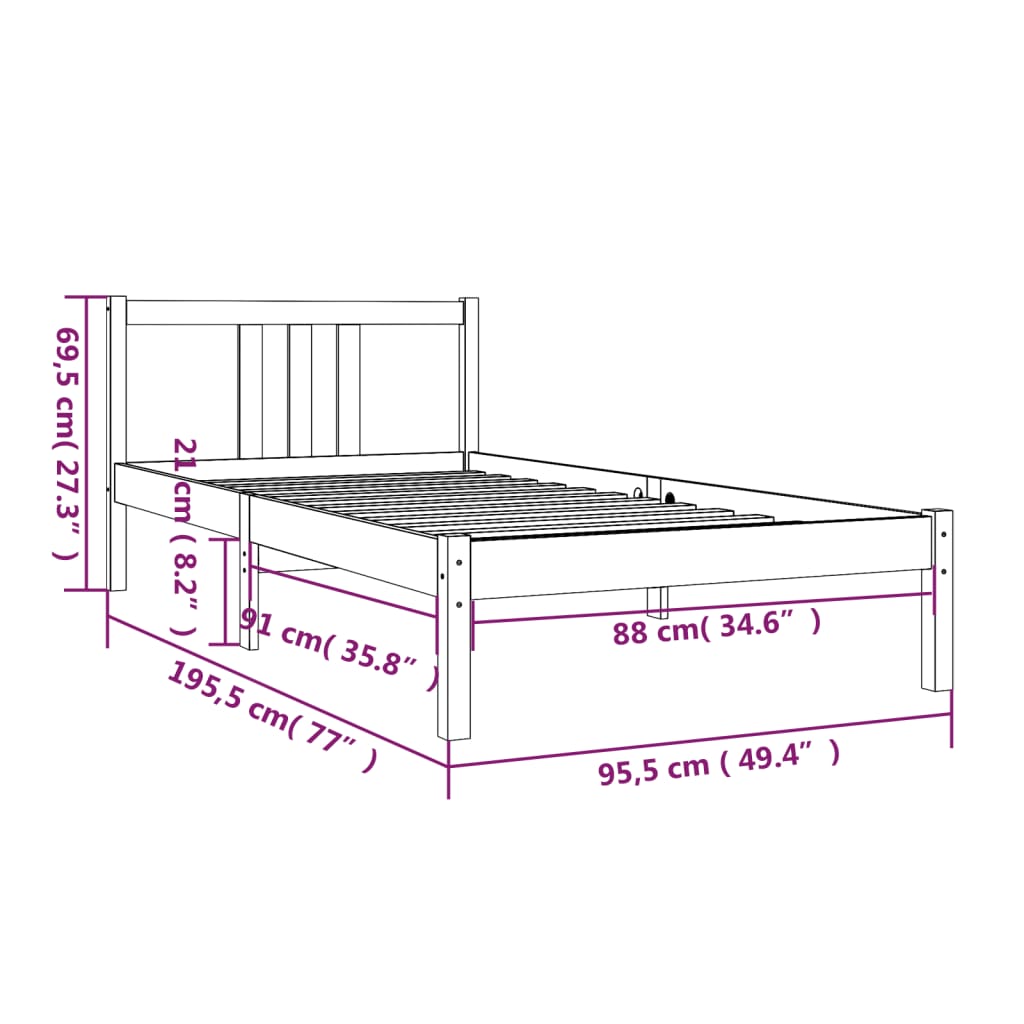 Cadru de pat single, negru, 90x190 cm, lemn masiv - Lando