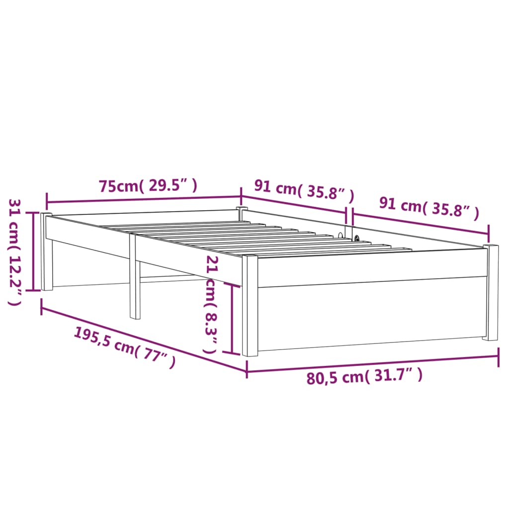 Cadru de pat mic single, maro miere, 75x190 cm, lemn masiv - Lando