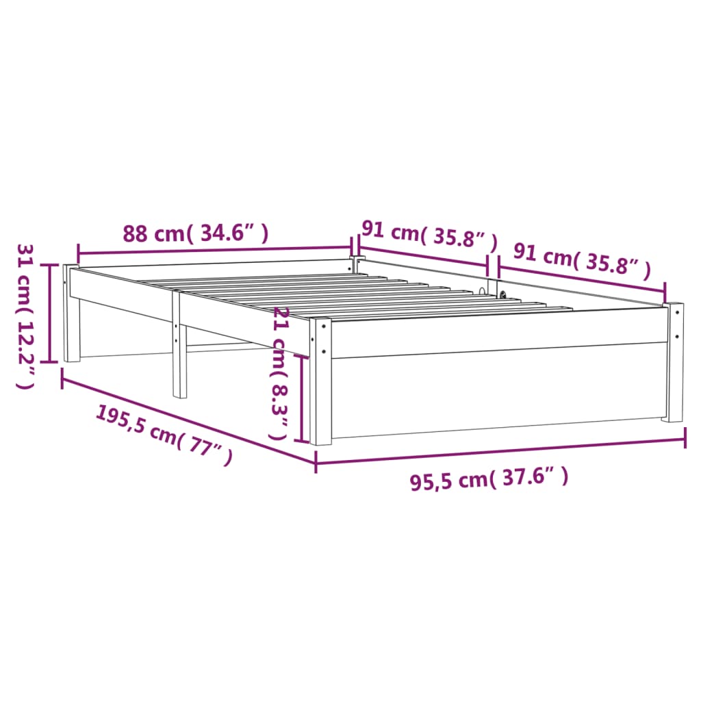 Cadru de pat single, 90x190 cm, lemn masiv - Lando