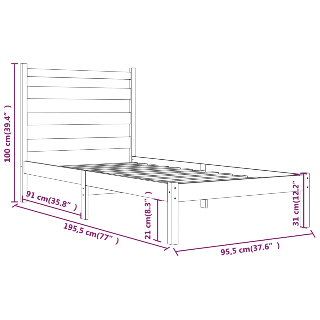 Cadru de pat single, alb, 90x190 cm, lemn masiv de pin - Lando