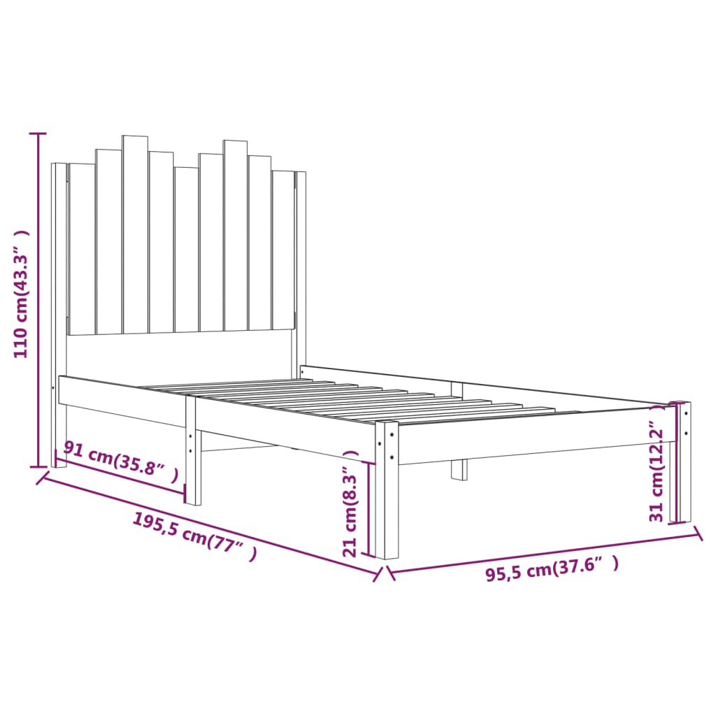 Cadru de pat single, negru, 90x190 cm, lemn masiv de pin - Lando