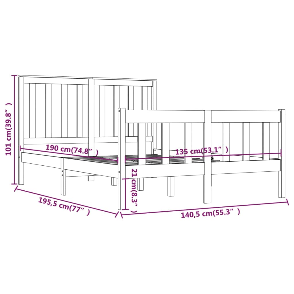 Cadru de pat dublu, alb, 135x190 cm, lemn masiv de pin - Lando