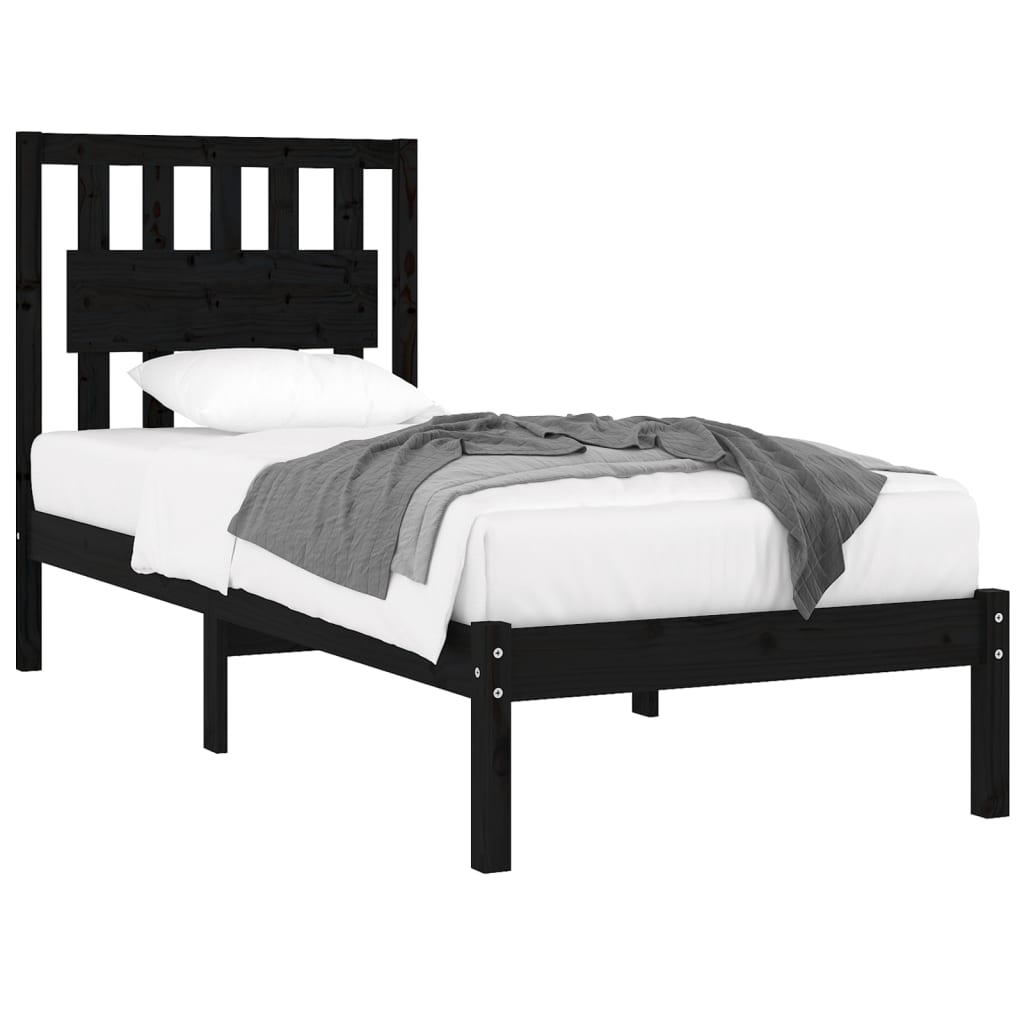 Cadru de pat mic single, negru, 75x190 cm, lemn masiv de pin - Lando