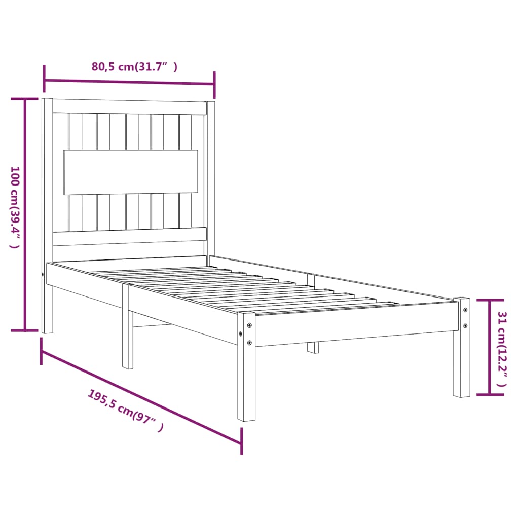 Cadru de pat mic single, negru, 75x190 cm, lemn masiv de pin - Lando