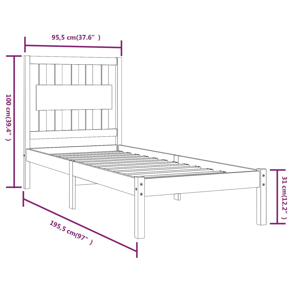 Cadru de pat single, alb, 90x190 cm, lemn masiv de pin - Lando