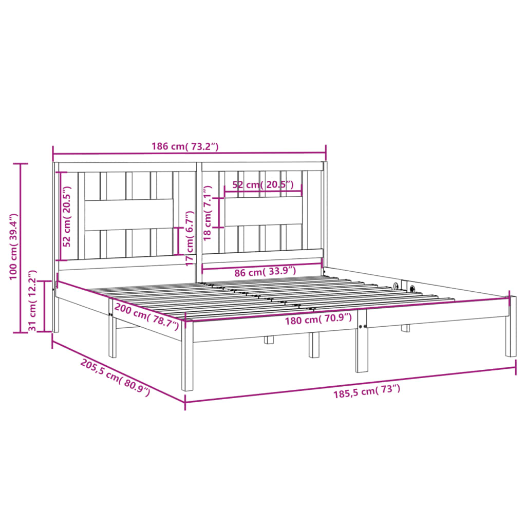 Cadru de pat Super King, gri, 180x200 cm, lemn masiv