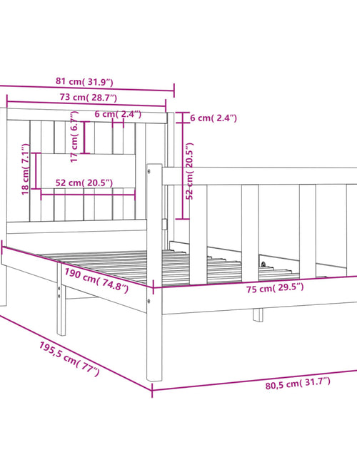 Загрузите изображение в средство просмотра галереи, Cadru de pat mic single, 75x190 cm, lemn masiv - Lando
