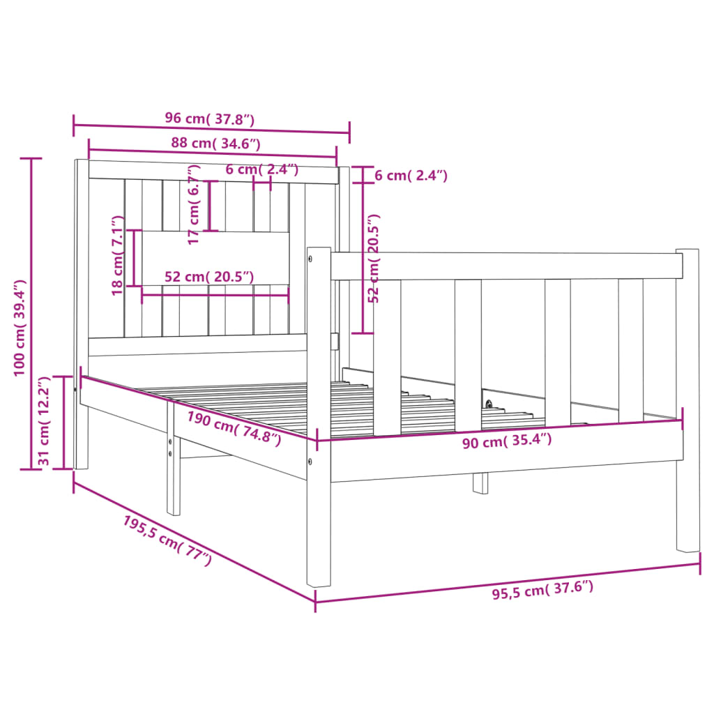 Cadru de pat single, 90x190 cm, lemn masiv