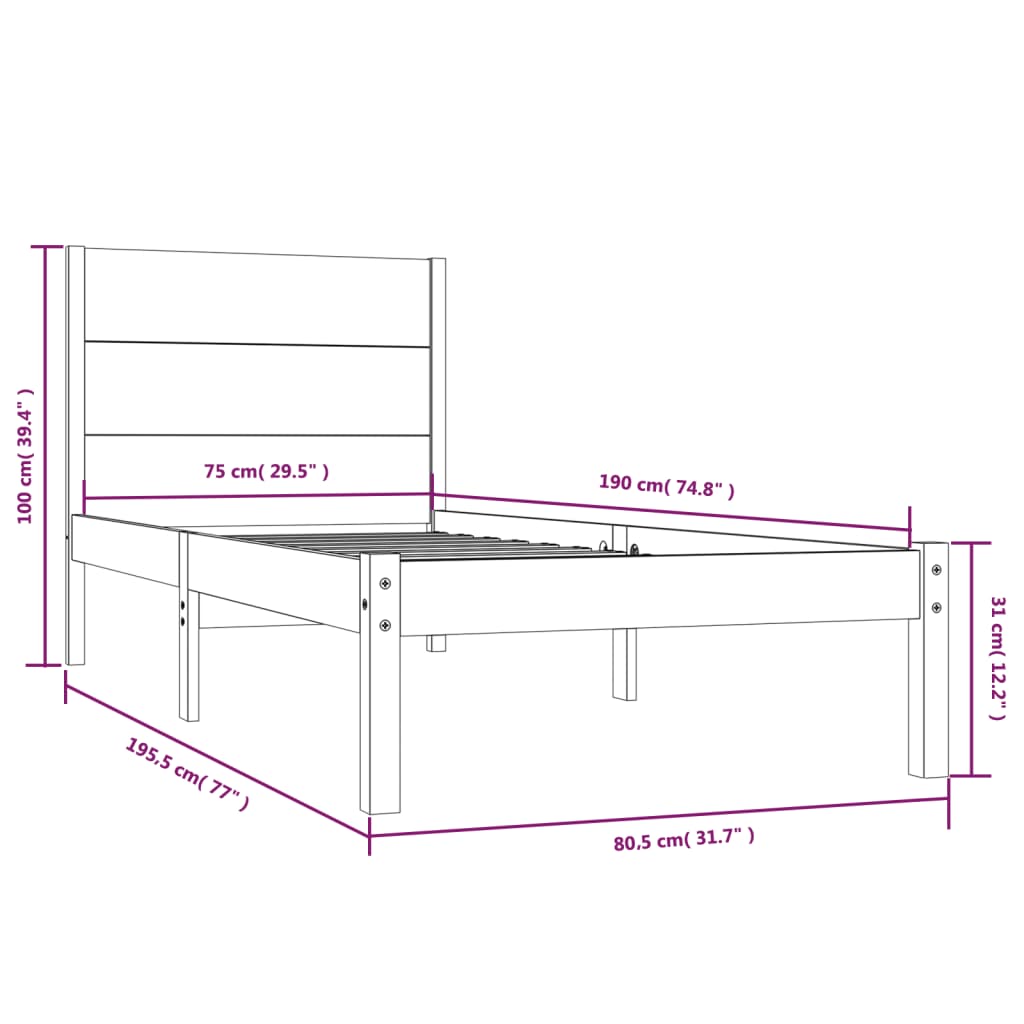 Cadru de pat mic single, alb, 75x190 cm, lemn masiv - Lando