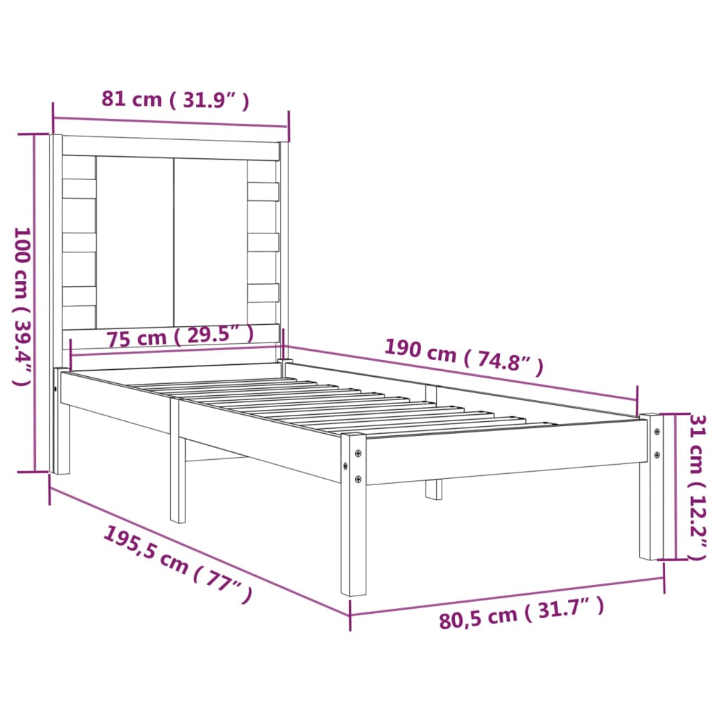 Cadru de pat mic single, alb, 75x190 cm, lemn masiv - Lando