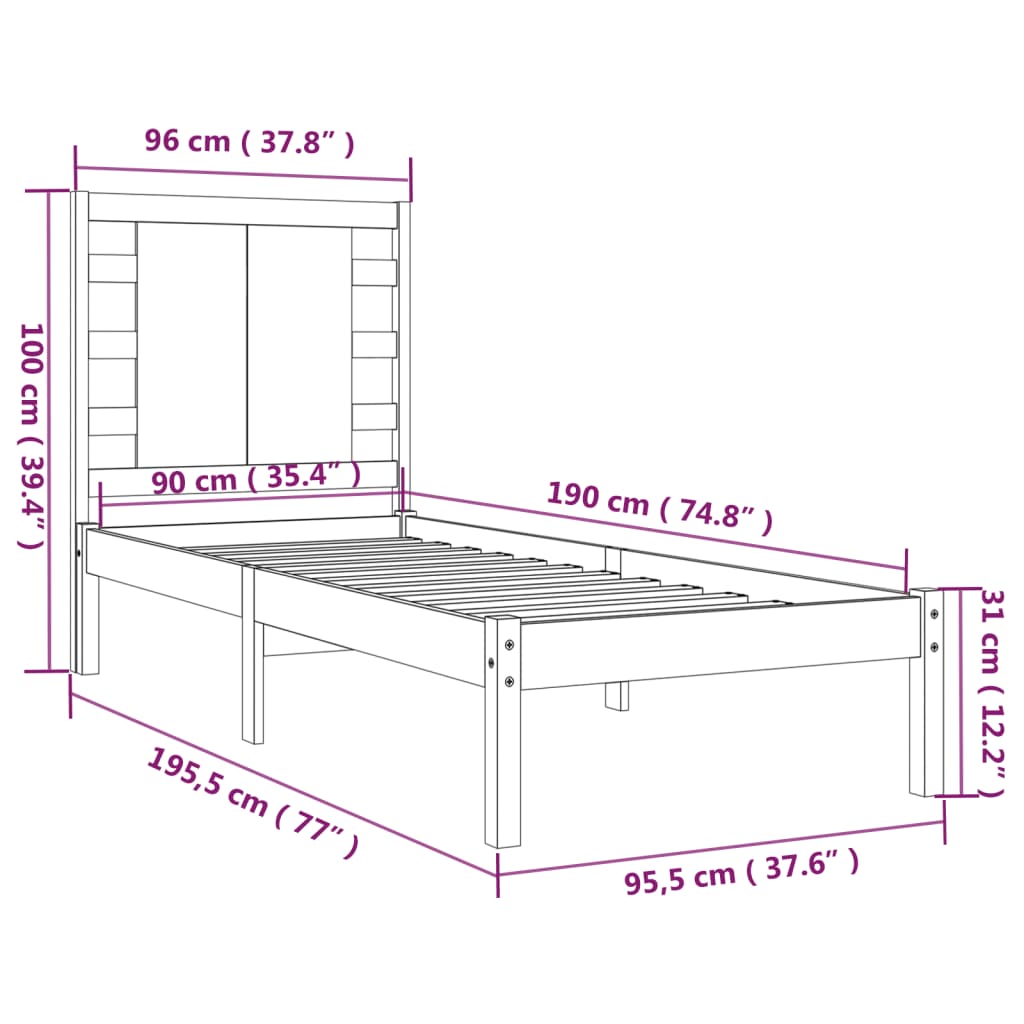 Cadru de pat single, 90x190 cm, lemn masiv - Lando