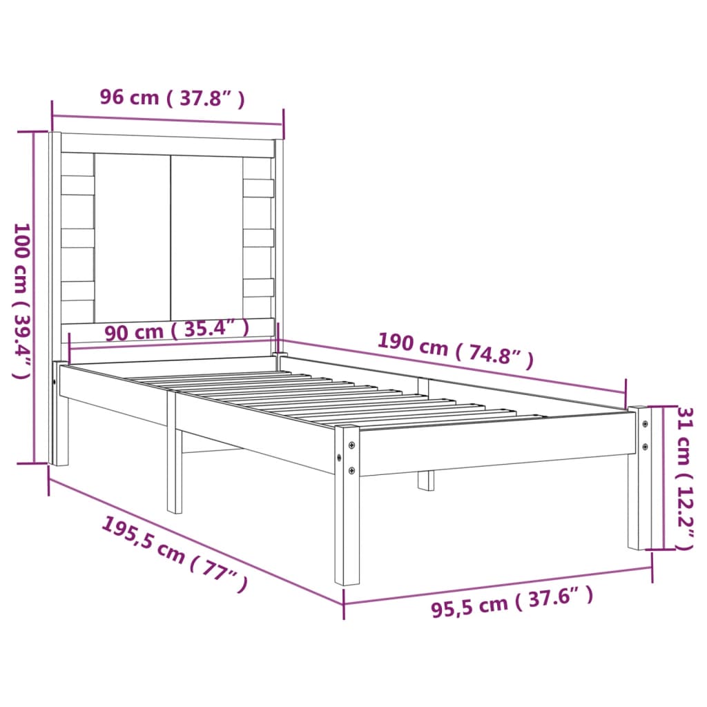 Cadru de pat single, negru, 90x190 cm, lemn masiv - Lando