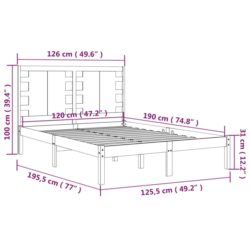 Cadru de pat mic dublu, alb, 120x190 cm, lemn masiv - Lando