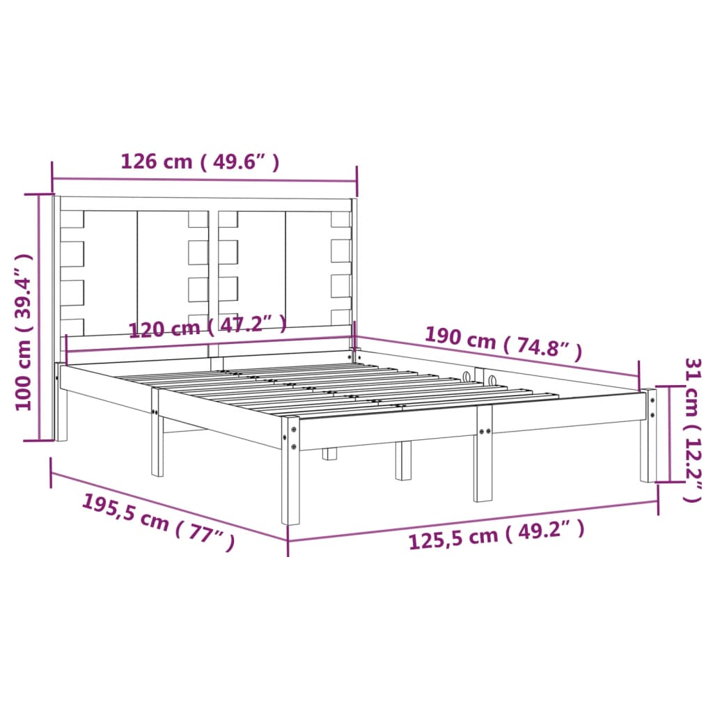 Cadru de pat mic dublu, negru, 120x190 cm, lemn masiv - Lando