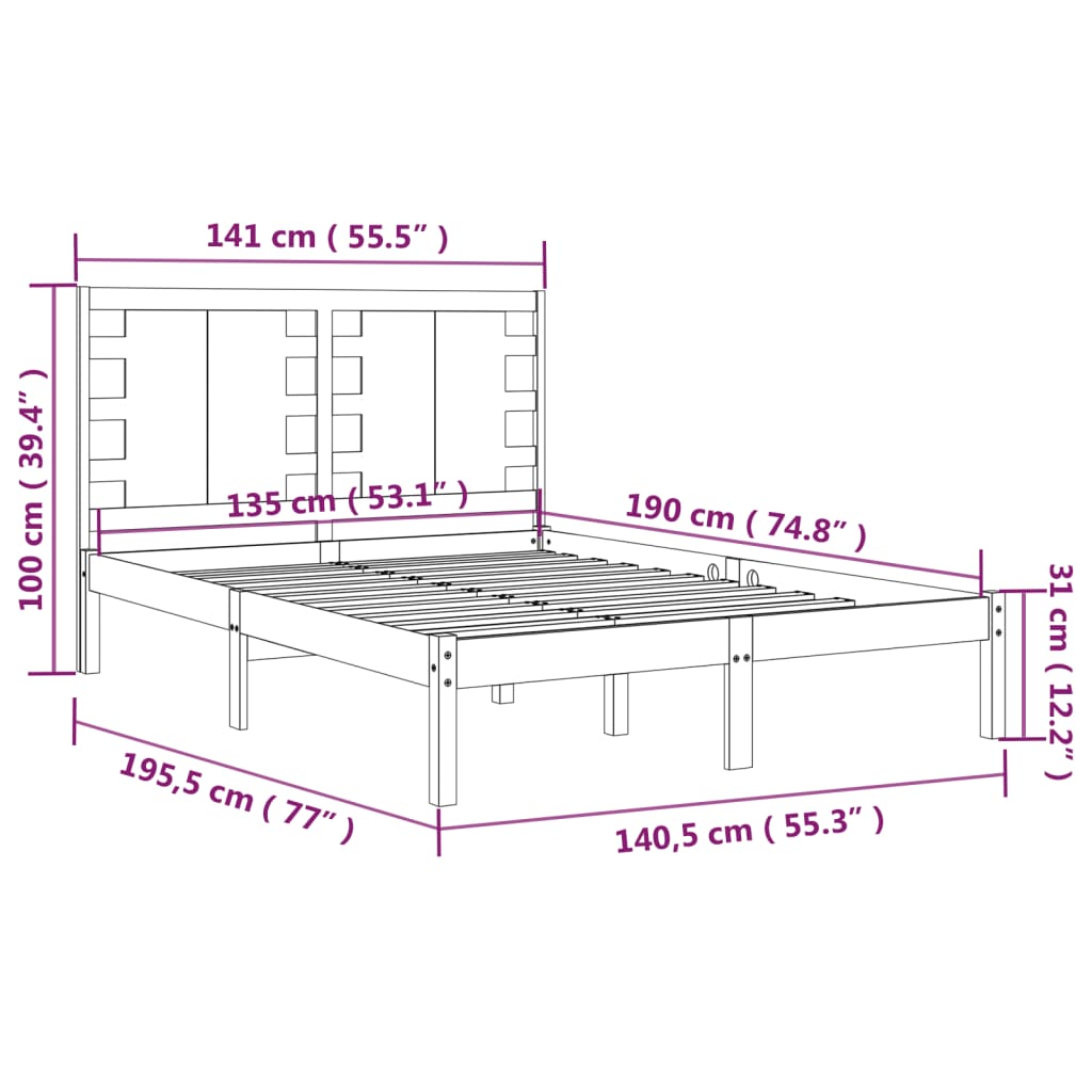 Cadru de pat dublu, alb, 135x190 cm, lemn masiv - Lando