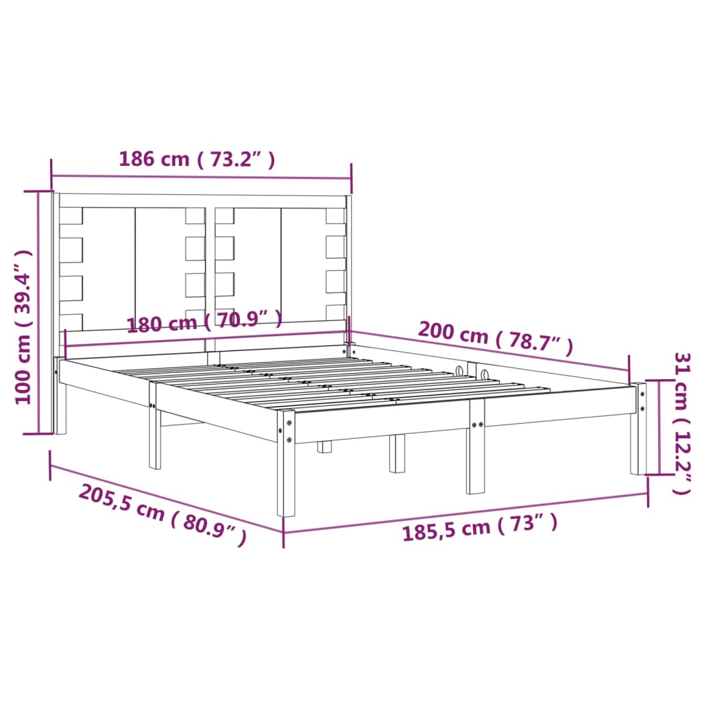 Cadru de pat Super King, negru, 180x200 cm, lemn masiv - Lando