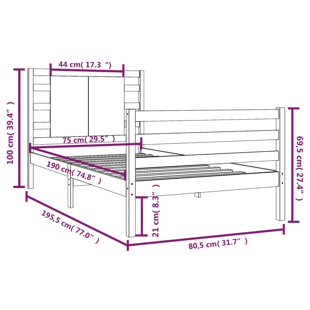 Cadru de pat mic single, 75x190 cm, lemn masiv de pin - Lando