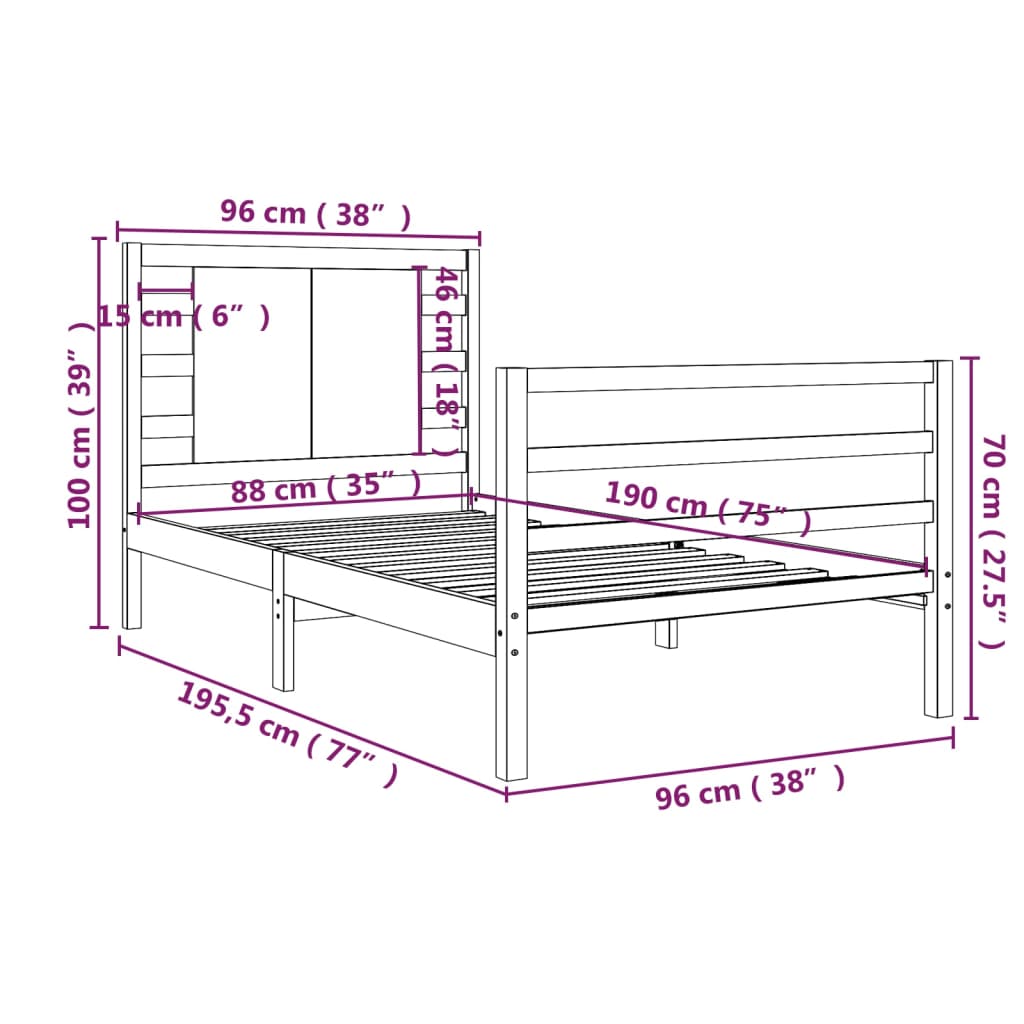 Cadru de pat single, alb, 90x190 cm, lemn masiv de pin - Lando