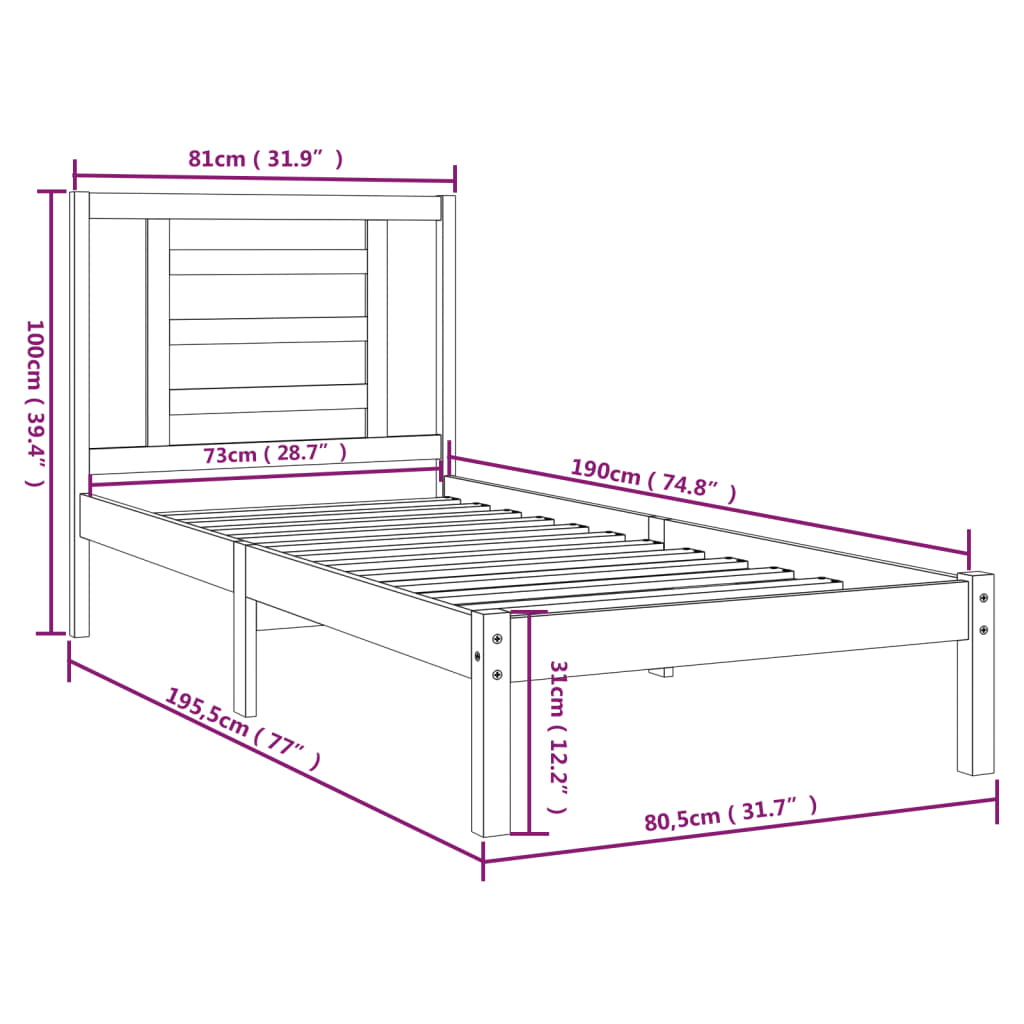 Cadru de pat mic single, alb, 75x190 cm, lemn masiv - Lando