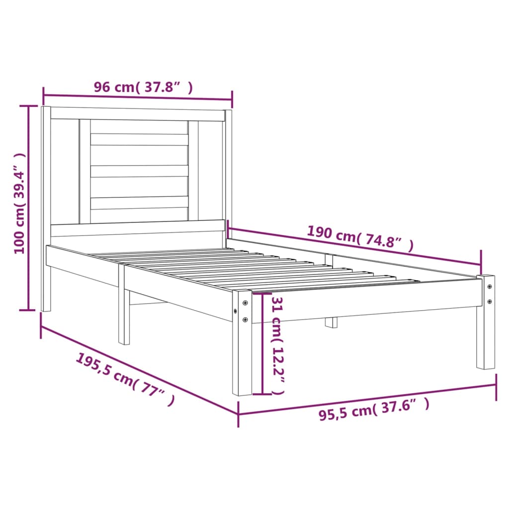 Cadru de pat single, 90x190 cm, lemn masiv de pin - Lando