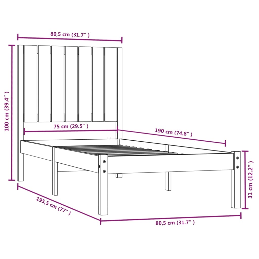 Cadru de pat mic single, 75x190 cm, lemn masiv - Lando