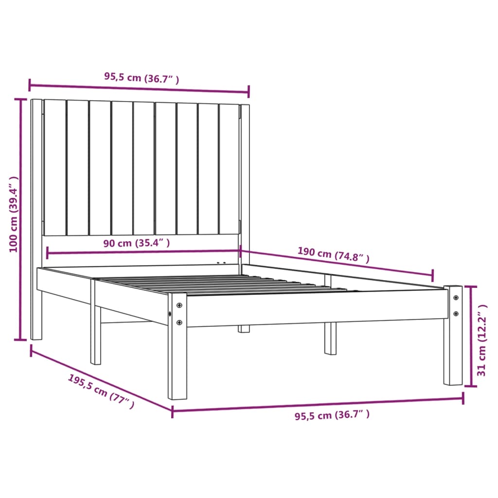 Cadru de pat single, alb, 90x190 cm, lemn masiv de pin - Lando