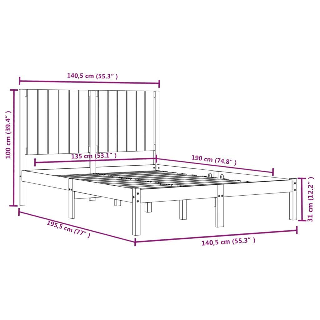 Cadru de pat dublu, alb, 135x190 cm, lemn masiv de pin - Lando