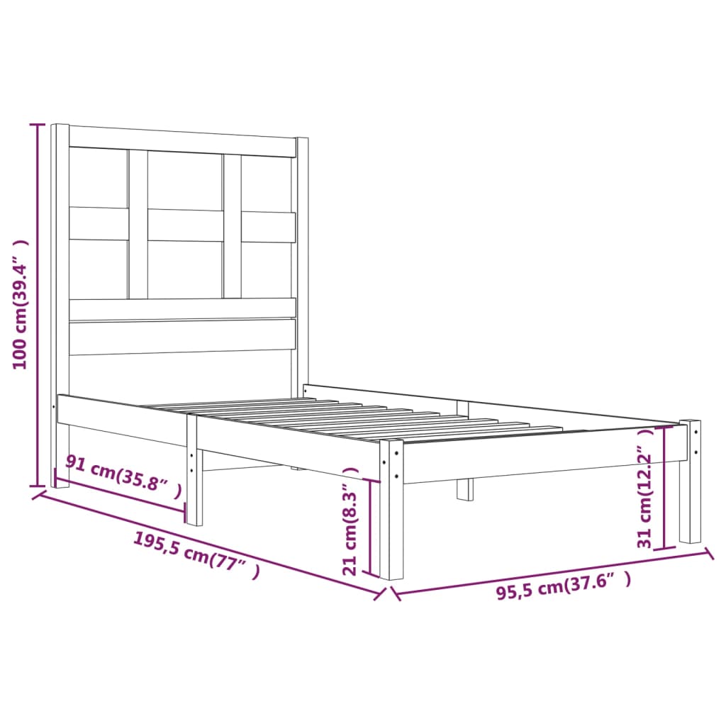 Cadru de pat single, alb, 90x190 cm, lemn masiv de pin - Lando