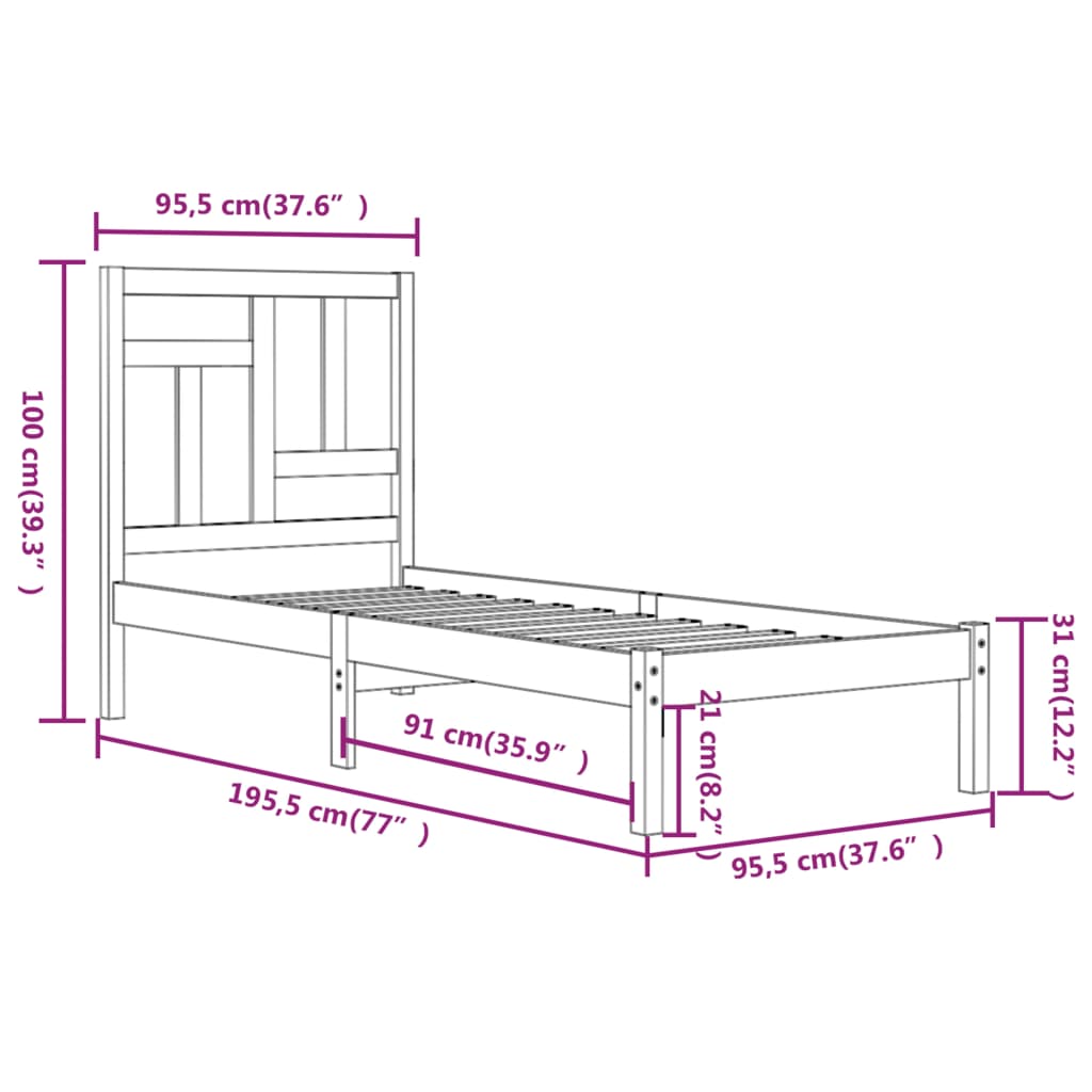 Cadru de pat single, 90x190 cm, lemn masiv de pin - Lando