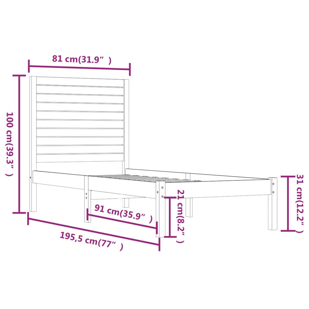 Cadru de pat mic single, 75x190 cm, lemn masiv - Lando