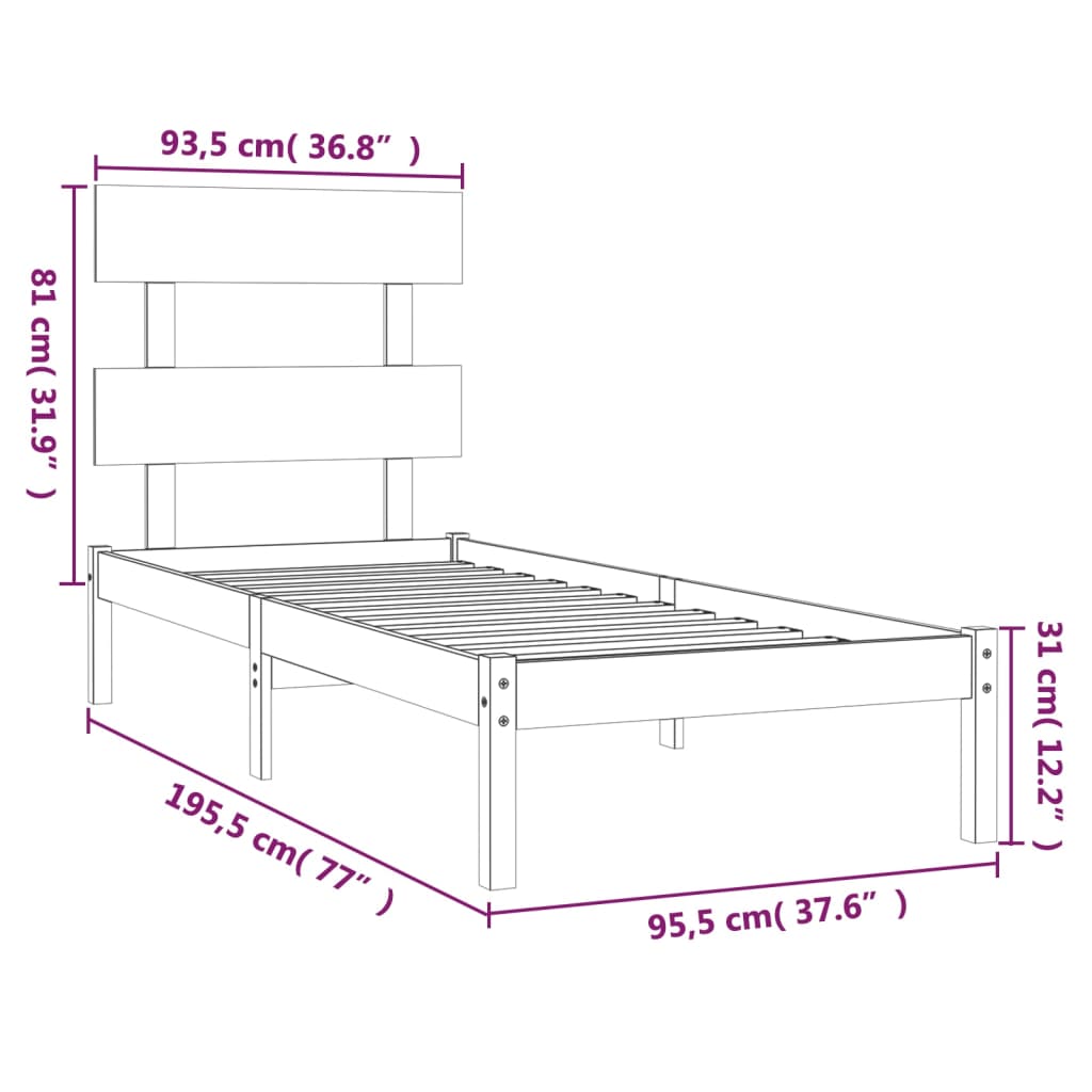 Cadru de pat single, negru, 90x190 cm, lemn masiv - Lando