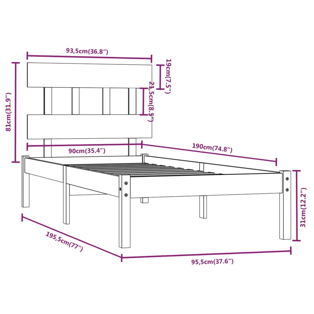 Cadru de pat single, 90x190 cm, lemn masiv - Lando