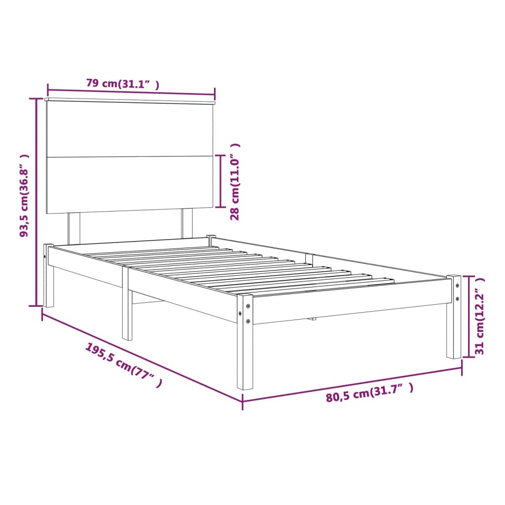 Cadru de pat mic single, alb, 75x190 cm, lemn masiv - Lando