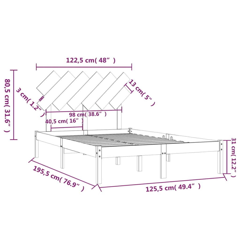 Cadru de pat mic dublu 4FT, alb, 120x190 cm, lemn masiv - Lando