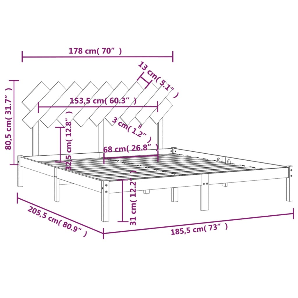 Cadru de pat Super King 6FT, negru, 180x200 cm, lemn masiv - Lando