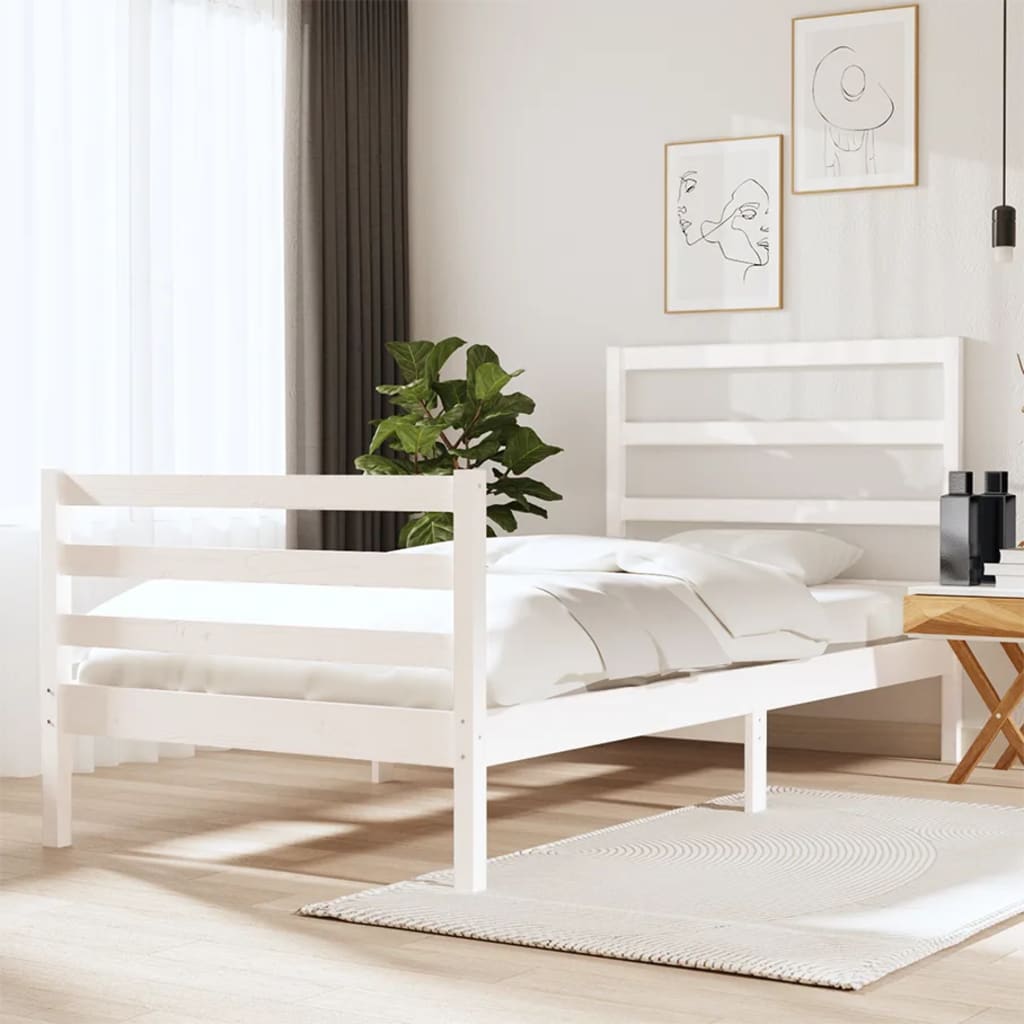 Cadru de pat mic single, alb, 75x190 cm, lemn masiv de pin - Lando