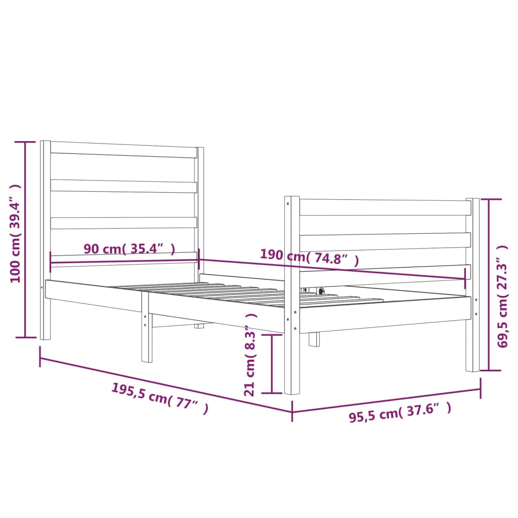 Cadru de pat single, alb, 90x190 cm, lemn masiv de pin - Lando