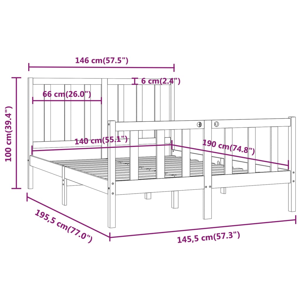 Cadru pat, alb, 140x190 cm, lemn masiv - Lando