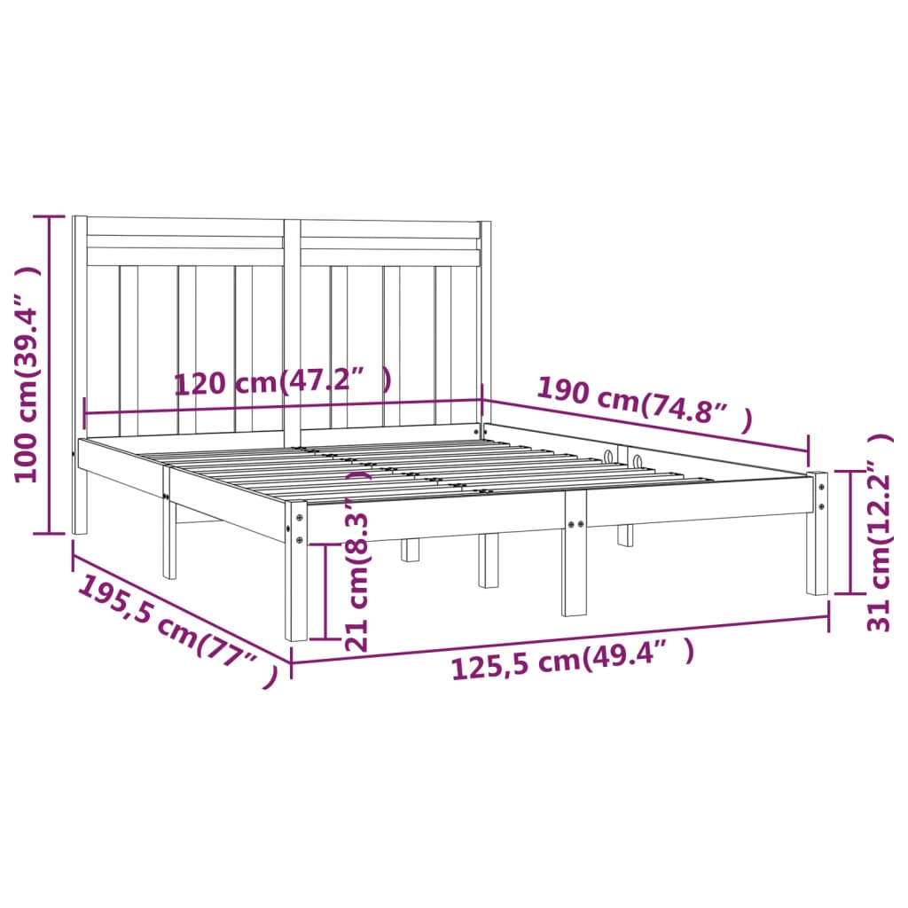 Cadru de pat mic dublu, negru, 120x190 cm, lemn masiv - Lando