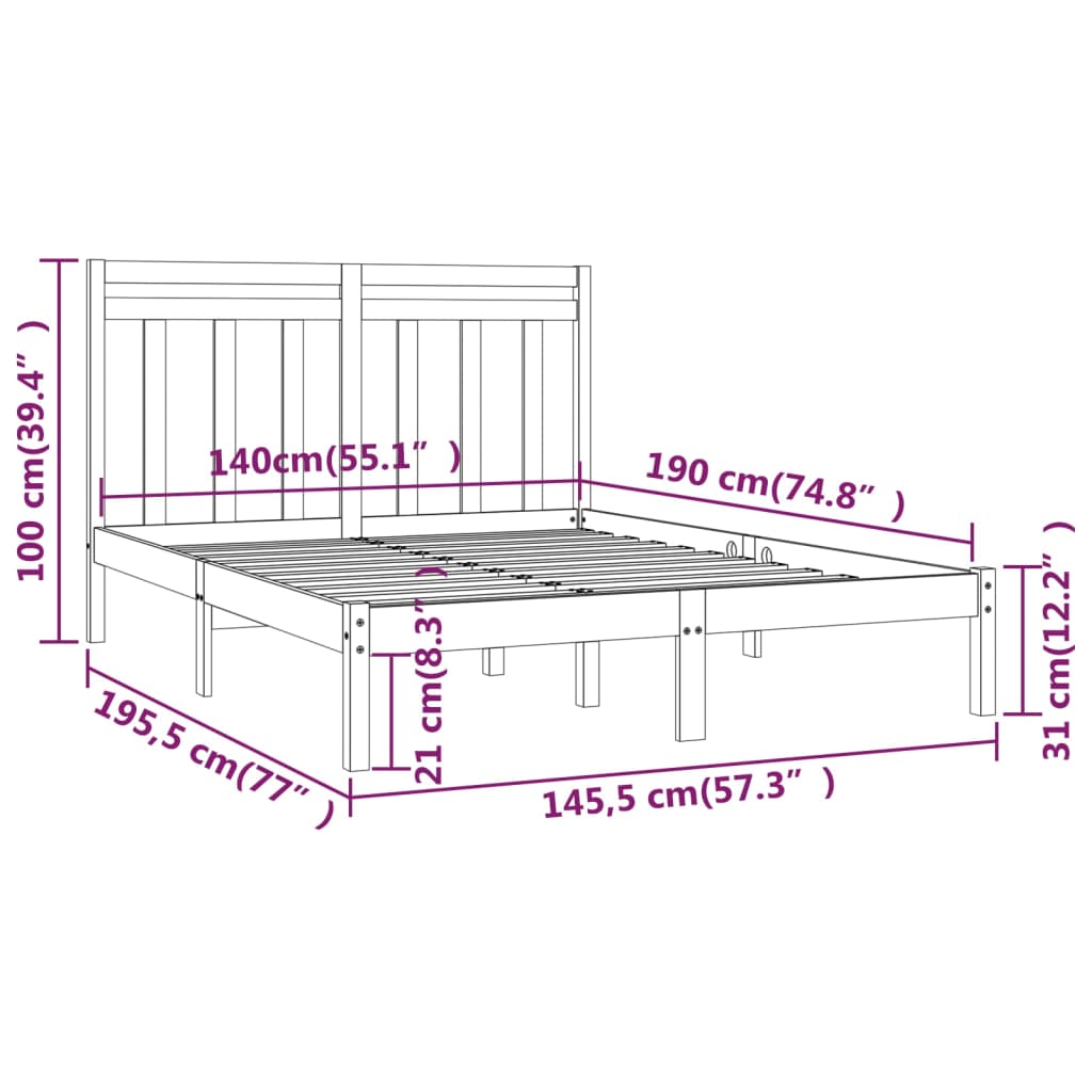 Cadru pat, alb, 140x190 cm, lemn masiv - Lando