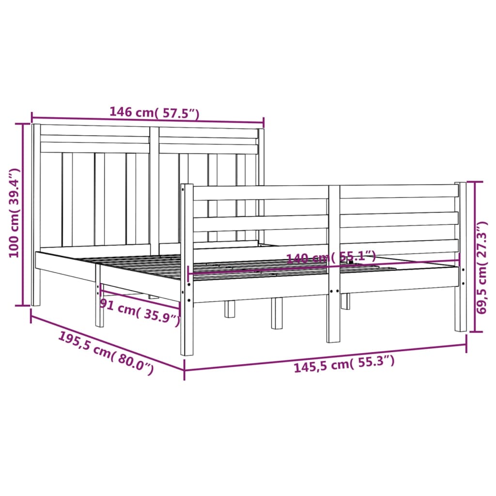 Cadru pat, alb, 140x190 cm, lemn masiv - Lando