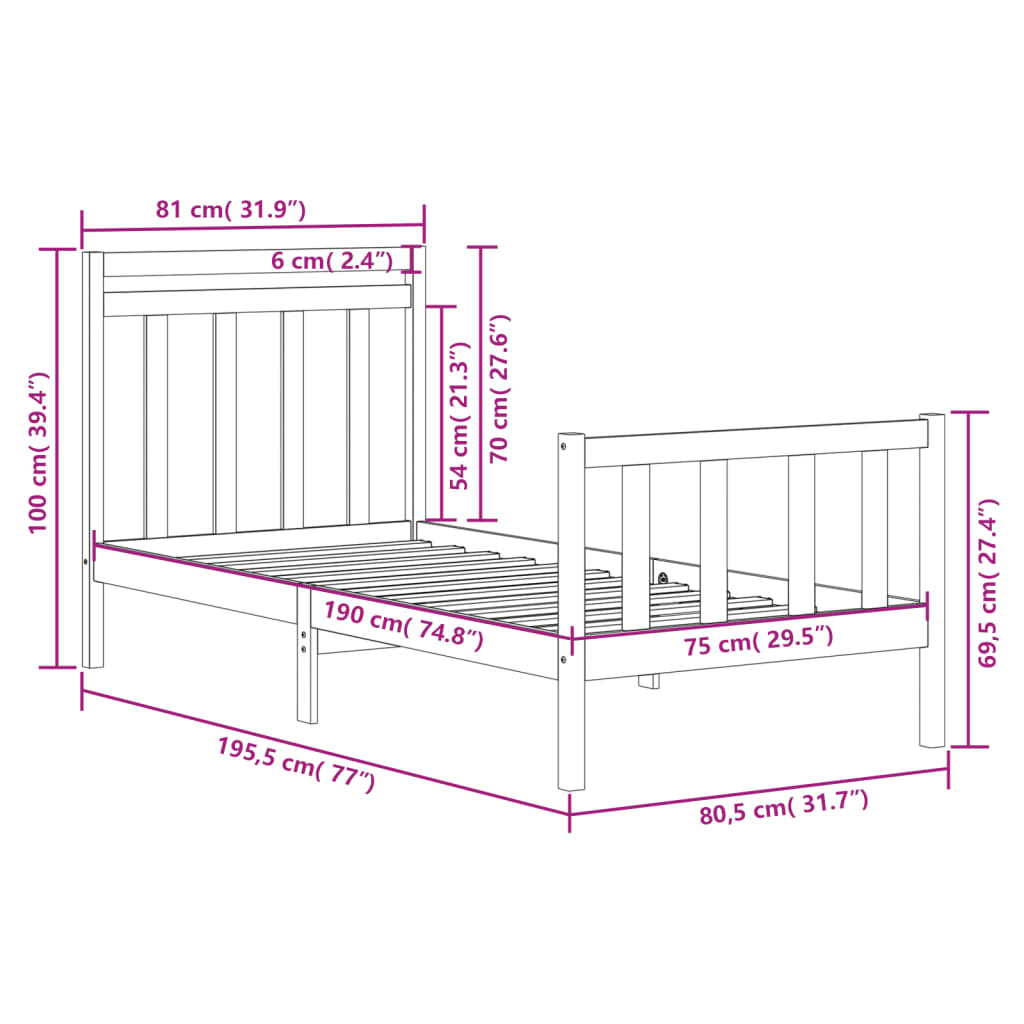 Cadru de pat mic single, negru, 75x190 cm, lemn masiv - Lando