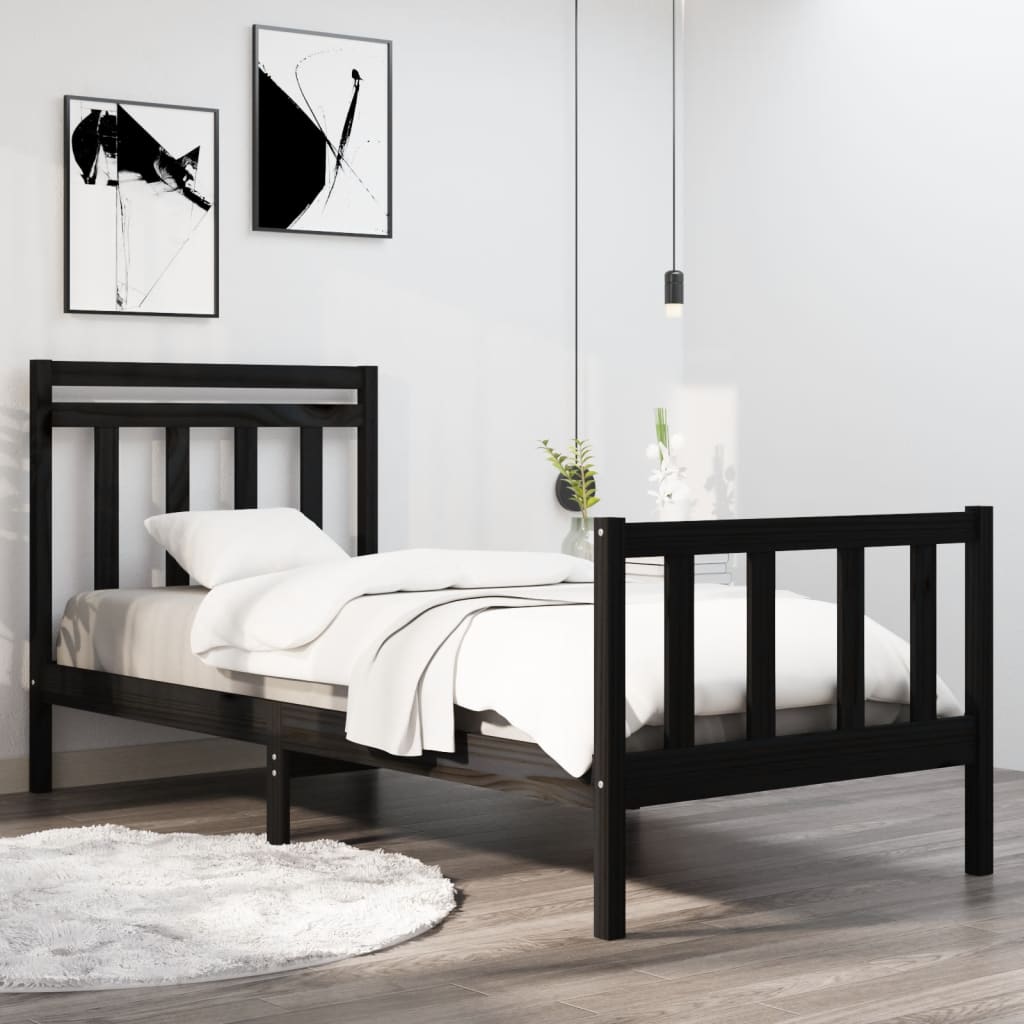 Cadru de pat single, negru, 90x190 cm, lemn masiv - Lando