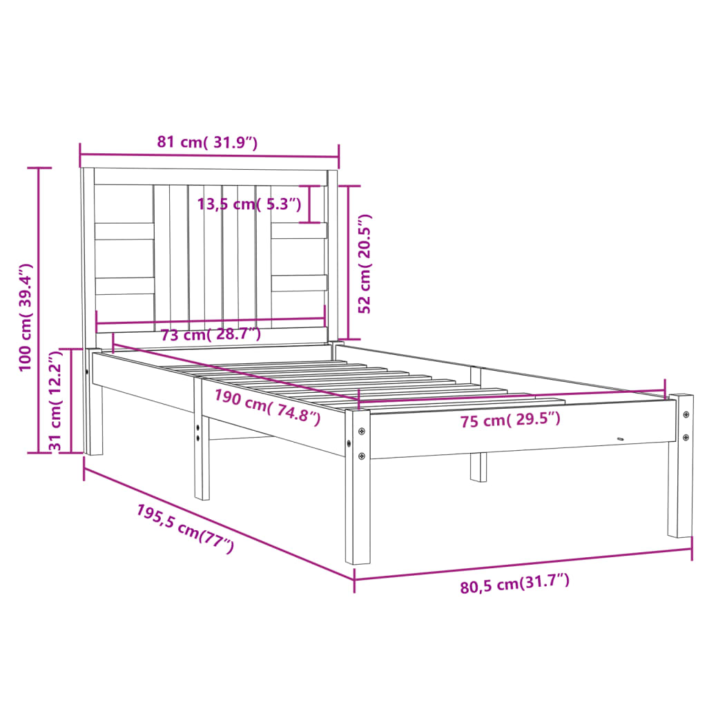 Cadru de pat mic single, 75x190 cm, lemn masiv - Lando