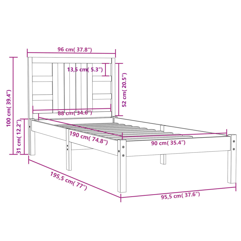 Cadru de pat single, negru, 90x190 cm, lemn masiv