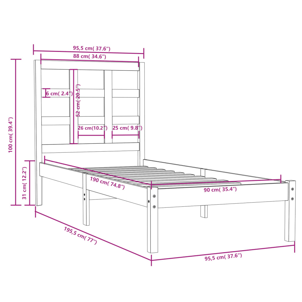 Cadru de pat single, 90x190 cm, lemn masiv - Lando