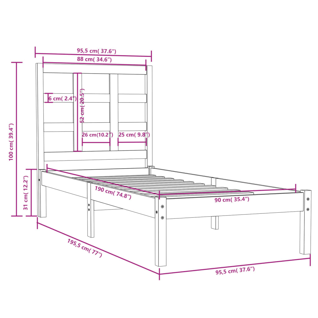 Cadru de pat single, alb, 90x190 cm, lemn masiv - Lando